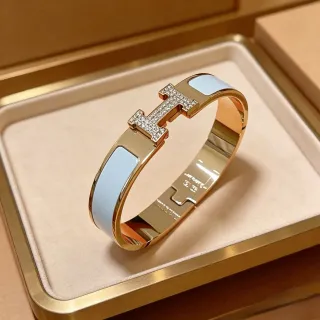 Hermès Clic H Bracelet Light Blue Enamel Gold-Tone Pavé Diamond H-Clasp Bracelet