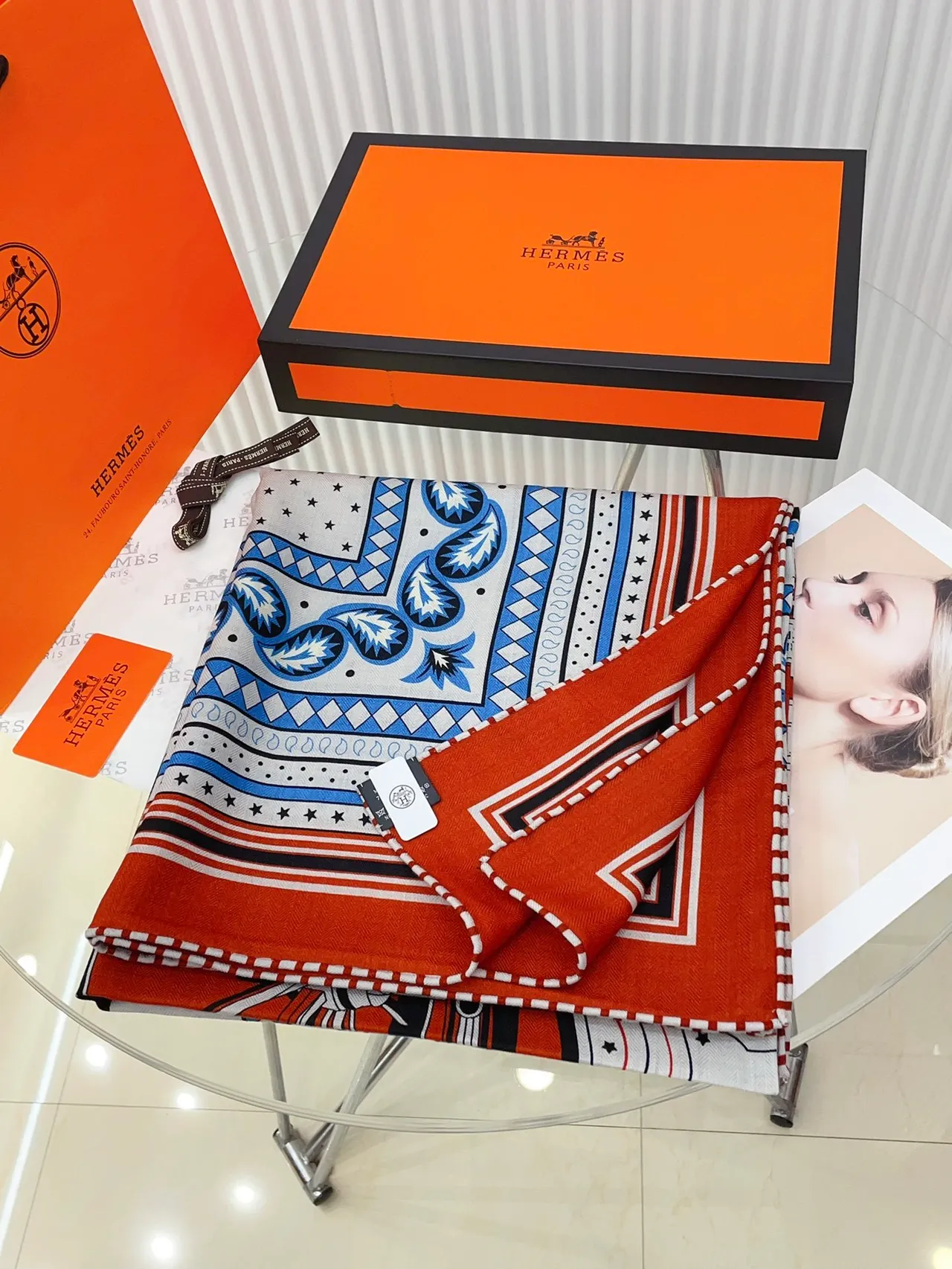 Hermès Estampa Geométrica Estrela Cachecol de Seda Laranja 3