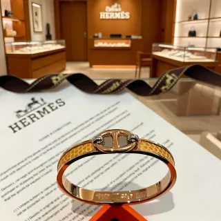 Hermès Dourado Marrom Fecho Toggle em Forma de H Texturizado em Pele de Serpente Bracelete