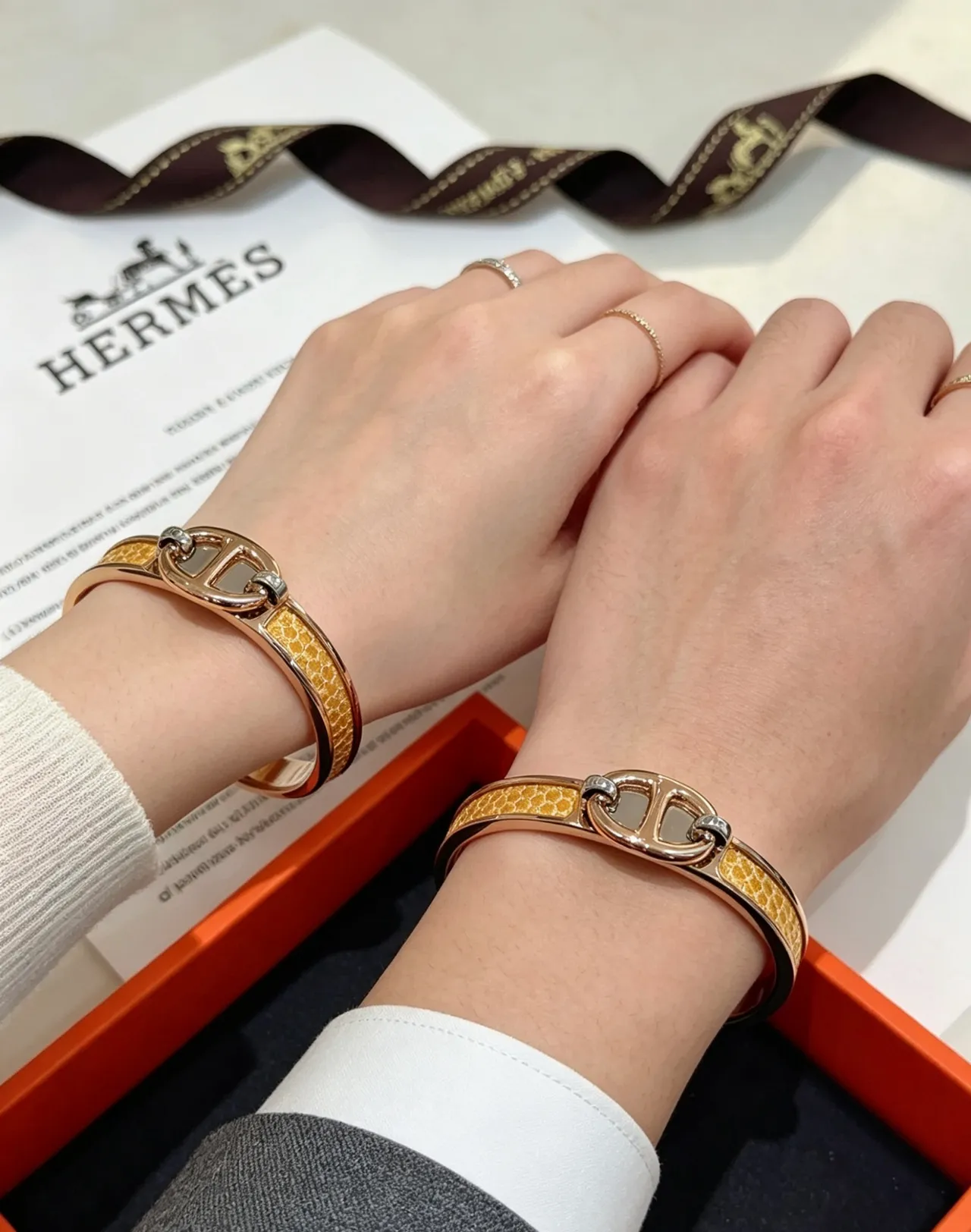 Hermès Gold Brown H-Shaped Toggle Clasp Snakeskin-Textured Inlay Bracelet 4