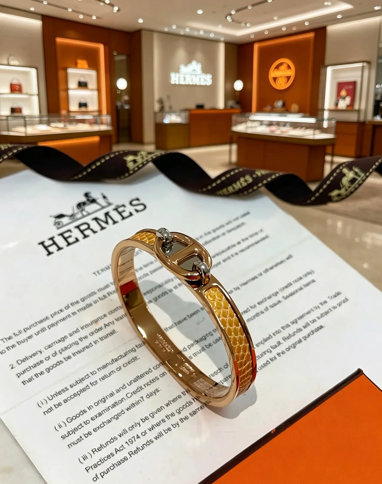 Hermès Gold Brown H-Shaped Toggle Clasp Snakeskin-Textured Inlay Bracelet 5
