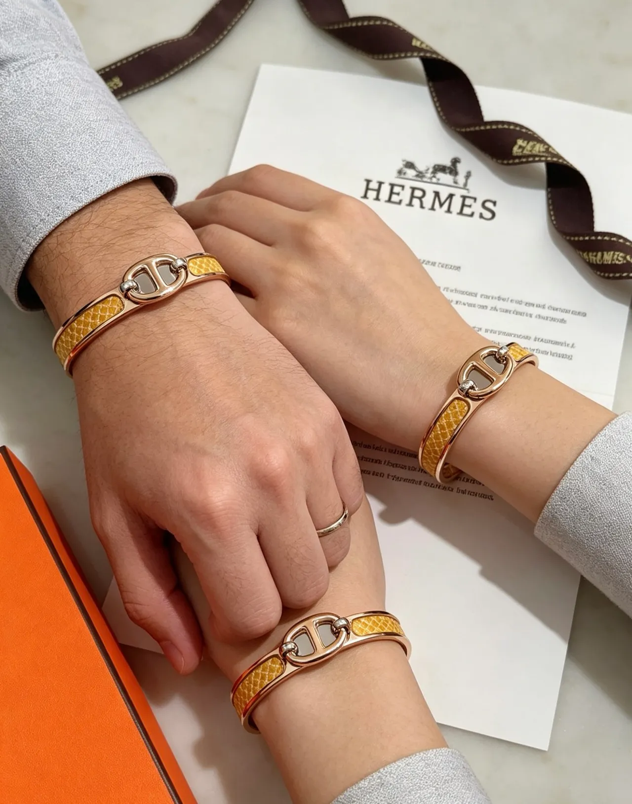 Hermès Gold Brown H-Shaped Toggle Clasp Snakeskin-Textured Inlay Bracelet 6