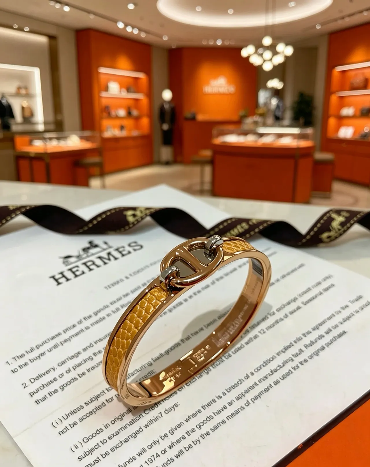 Hermès Gold Brown H-Shaped Toggle Clasp Snakeskin-Textured Inlay Bracelet 10