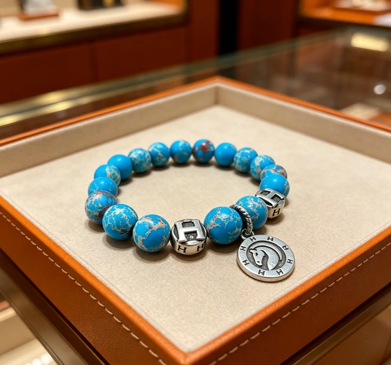 Hermès H Collection Turquoise Beaded Silver-Tone Charm Bracelet 3