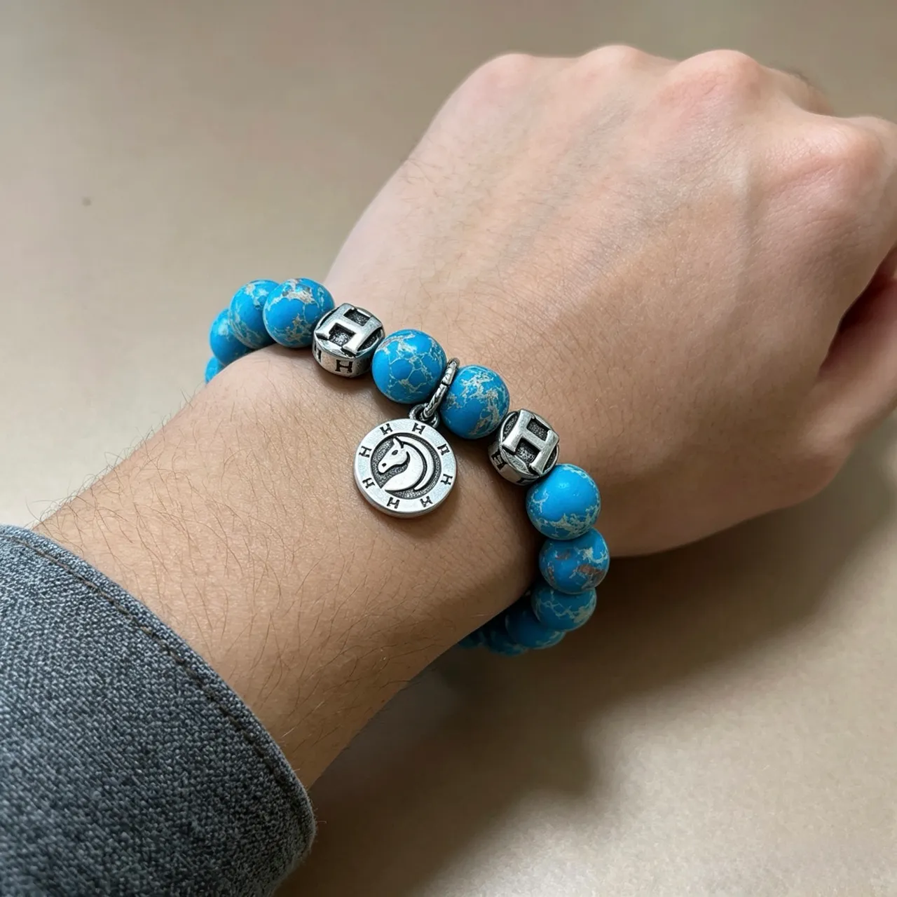 Hermès H Collection Turquoise Beaded Silver-Tone Charm Bracelet 4