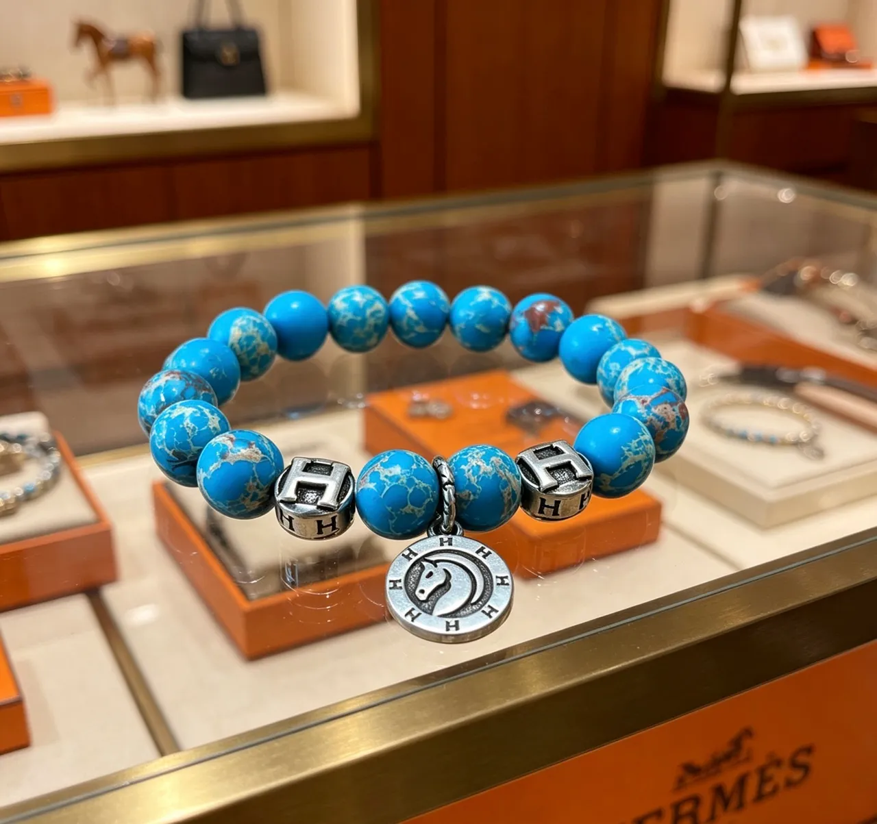 Hermès H Collection Turquoise Beaded Silver-Tone Charm Bracelet 5