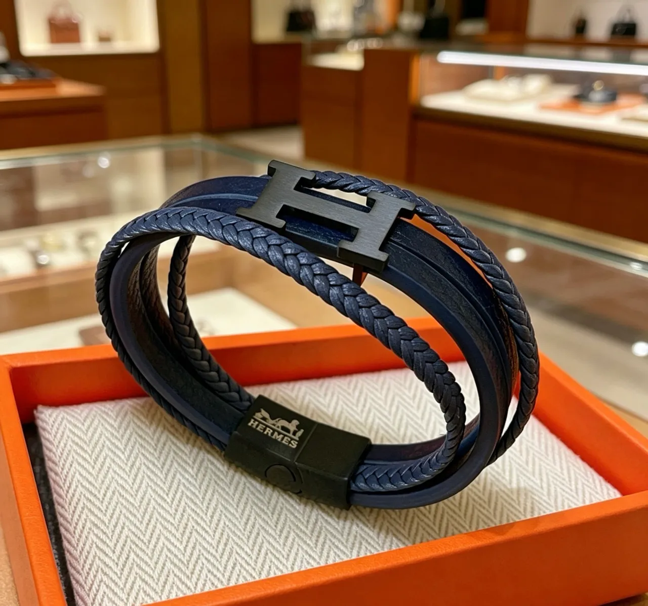 Hermès H de Hermès Navy Blue Braided Leather Bracelet 2