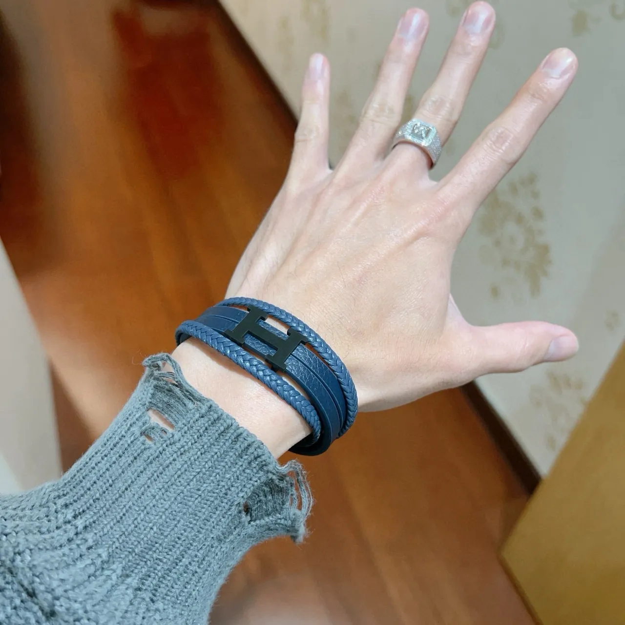 Hermès H de Hermès Navy Blue Braided Leather Bracelet 4