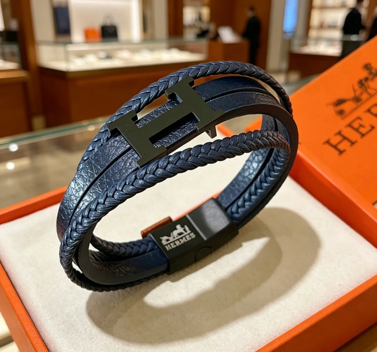 Hermès H de Hermès Navy Blue Braided Leather Bracelet 6