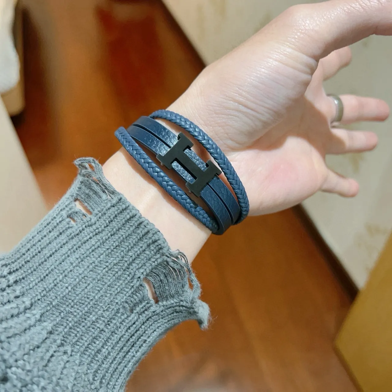Hermès H de Hermès Navy Blue Braided Leather Bracelet 7
