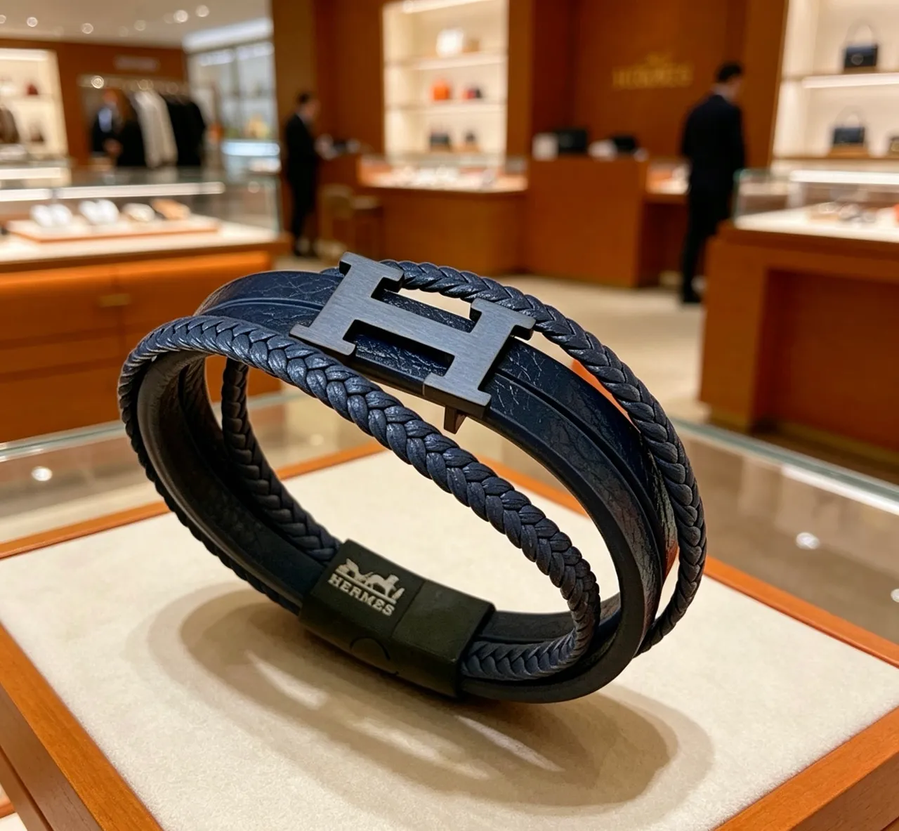 Hermès H de Hermès Navy Blue Braided Leather Bracelet 9