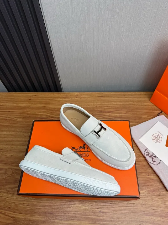 Hermès H Loafer Light Gray Suede White Sole Loafer 6