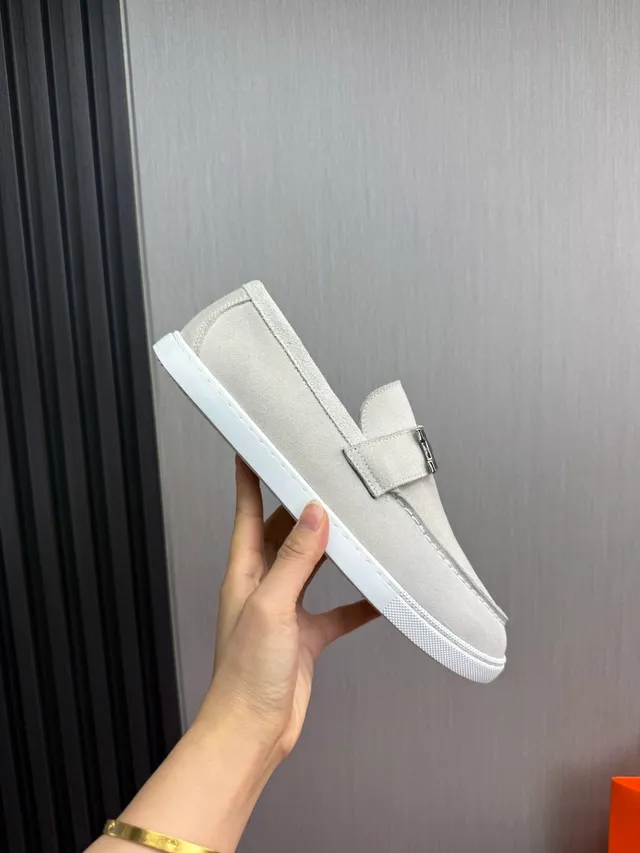 Hermès H Loafer Light Gray Suede White Sole Loafer 7