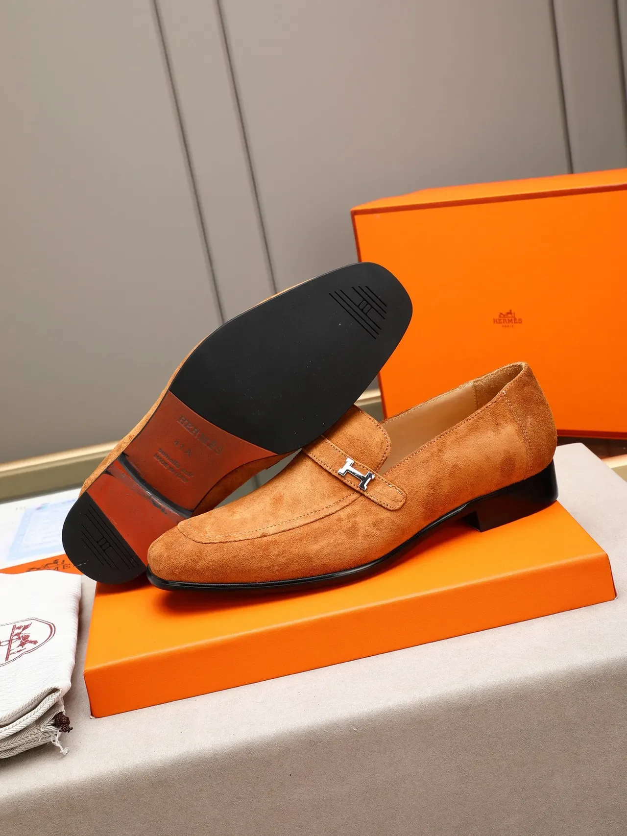 Hermès H-Loafer mocassins en daim tan 4