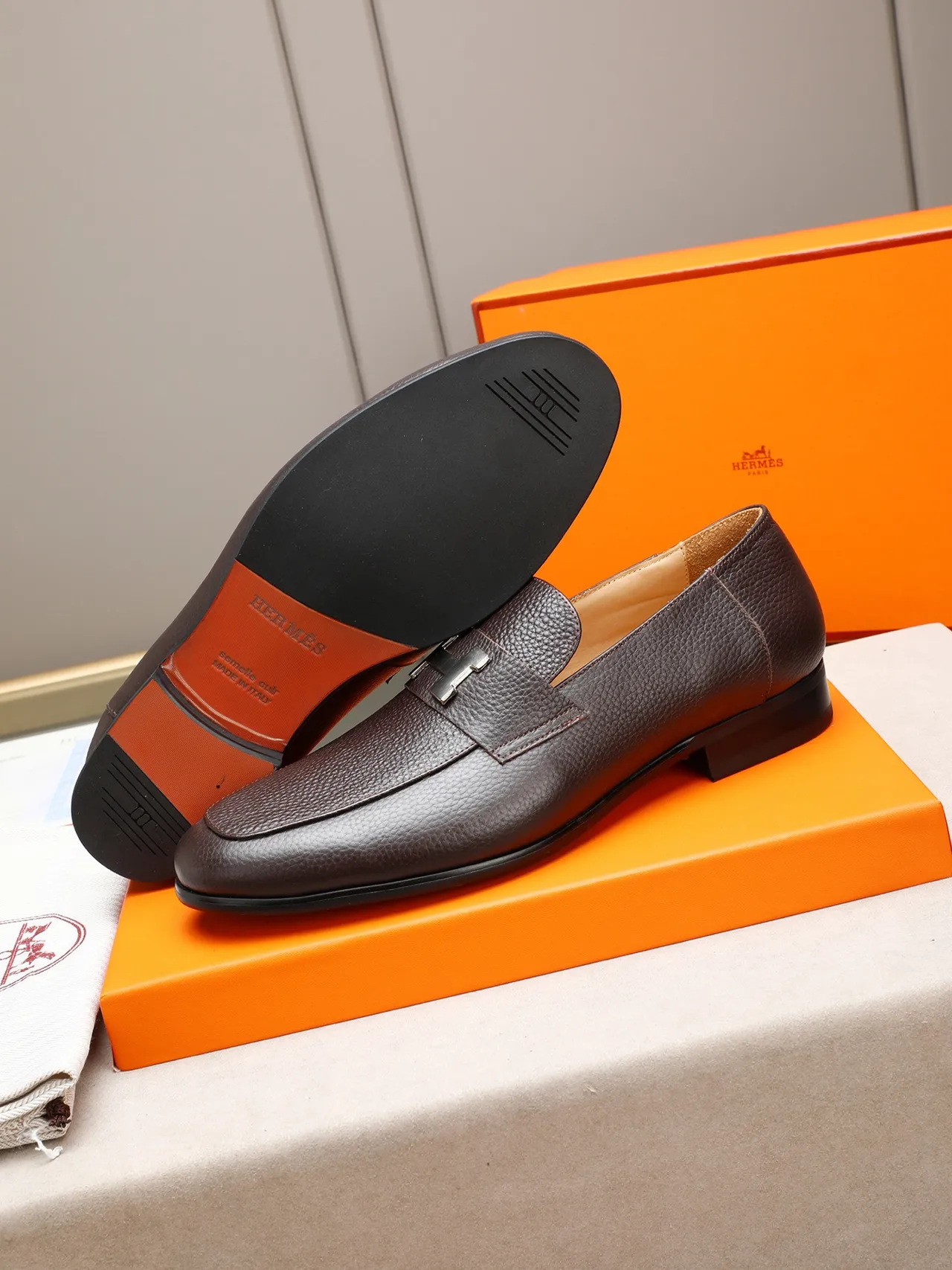 Hermès H-Logo Loafer Brown Pebbled Leather Slip-On Loafer 4