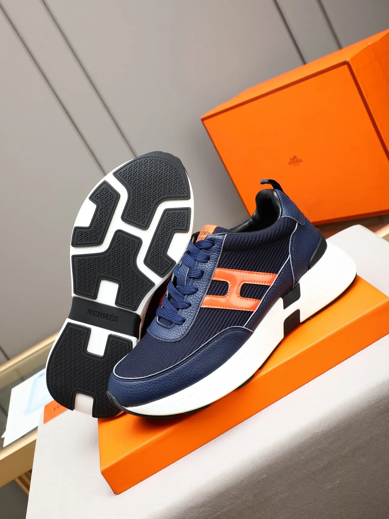Hermès H Logo Navy and Orange Lifestyle Sneaker 4