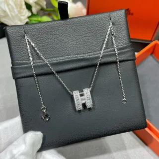 Hermès H Collier Ton Argent Pavé Pierre Baguette Pendentif Collier