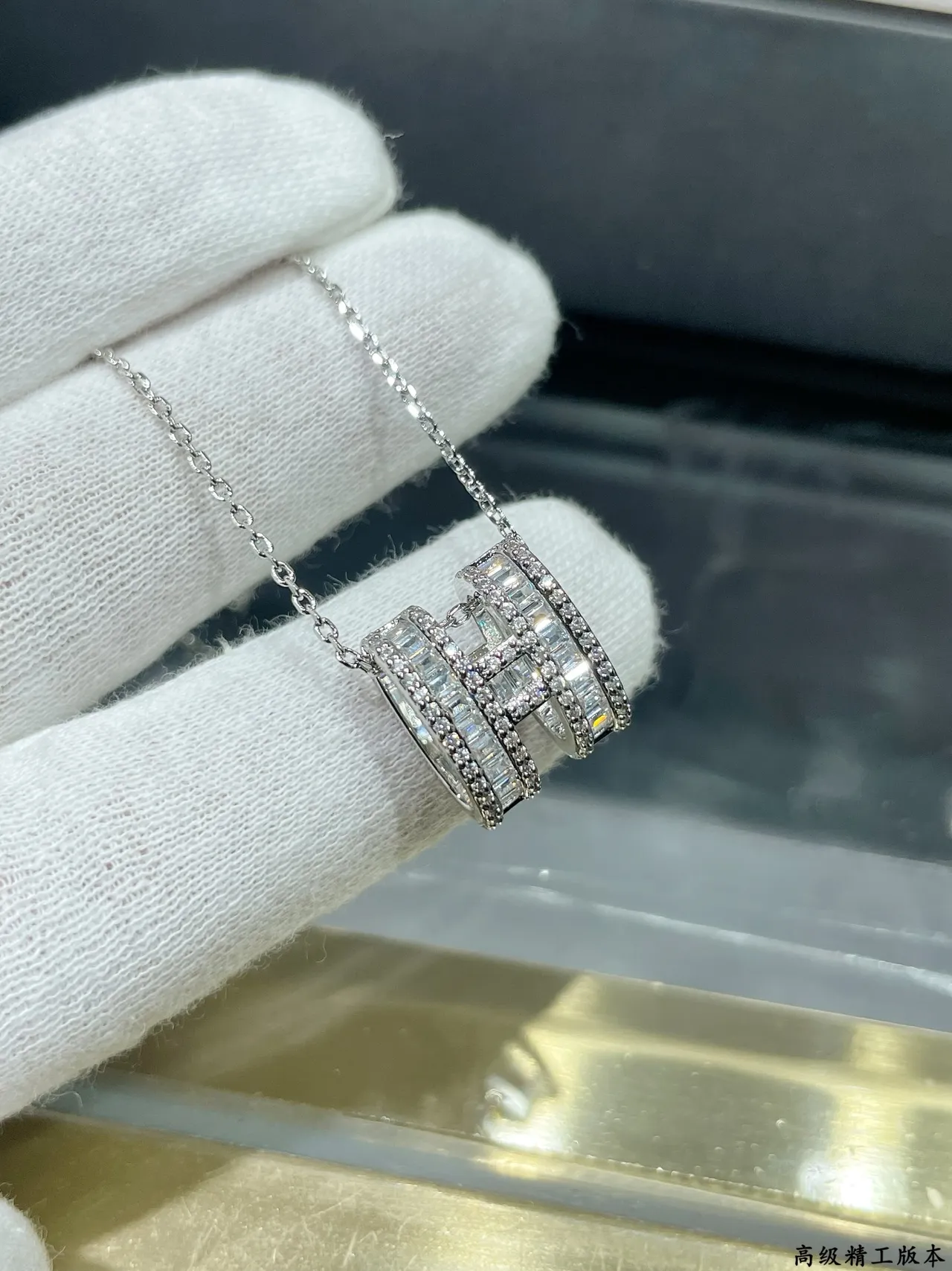 Hermès H Necklace Silver-Tone Pavé Baguette Stone Pendant Necklace 6
