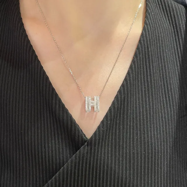 Hermès H Necklace Silver-Tone Pavé Baguette Stone Pendant Necklace 8