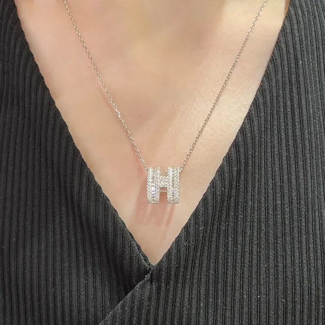Hermès H Necklace Silver-Tone Pavé Baguette Stone Pendant Necklace 9