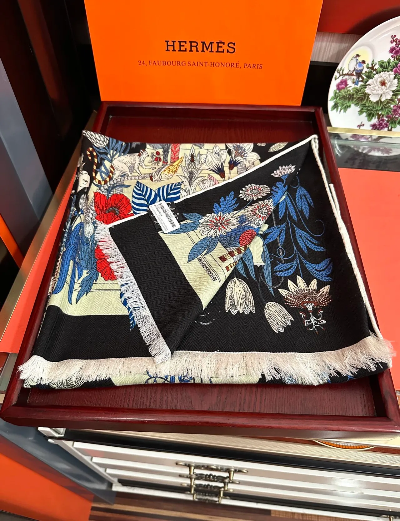 Hermès Multicolor Botanical-Animal Print Fringed Silk Scarf 4