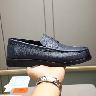 Hermès Navy Black Pebbled Leather Penny Loafer