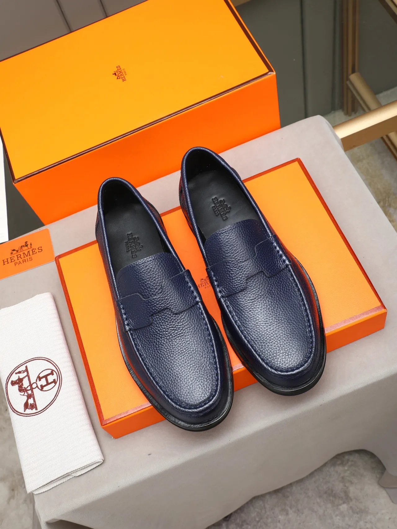 Hermès Navy Black Pebbled Leather Penny Loafer 2
