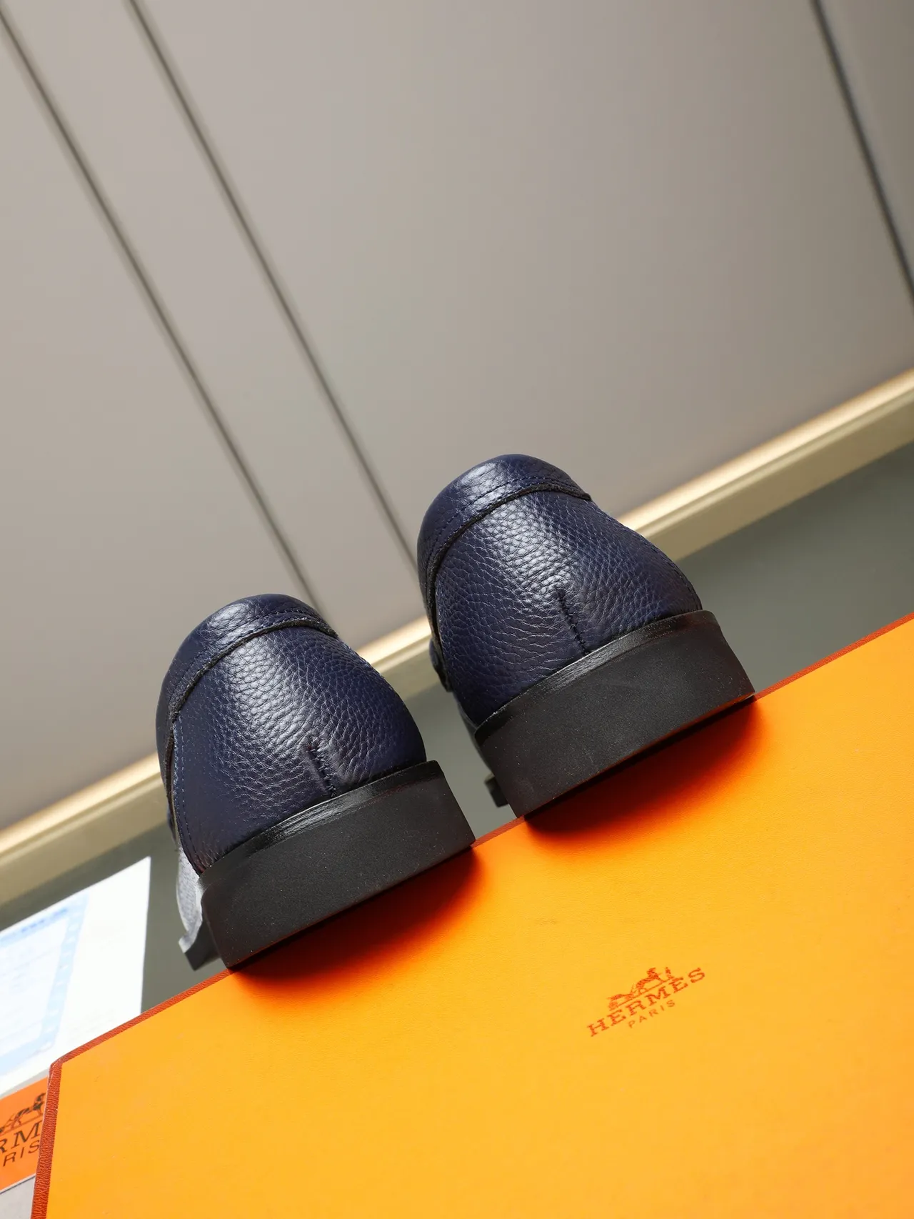 Hermès Navy Black Pebbled Leather Penny Loafer 3