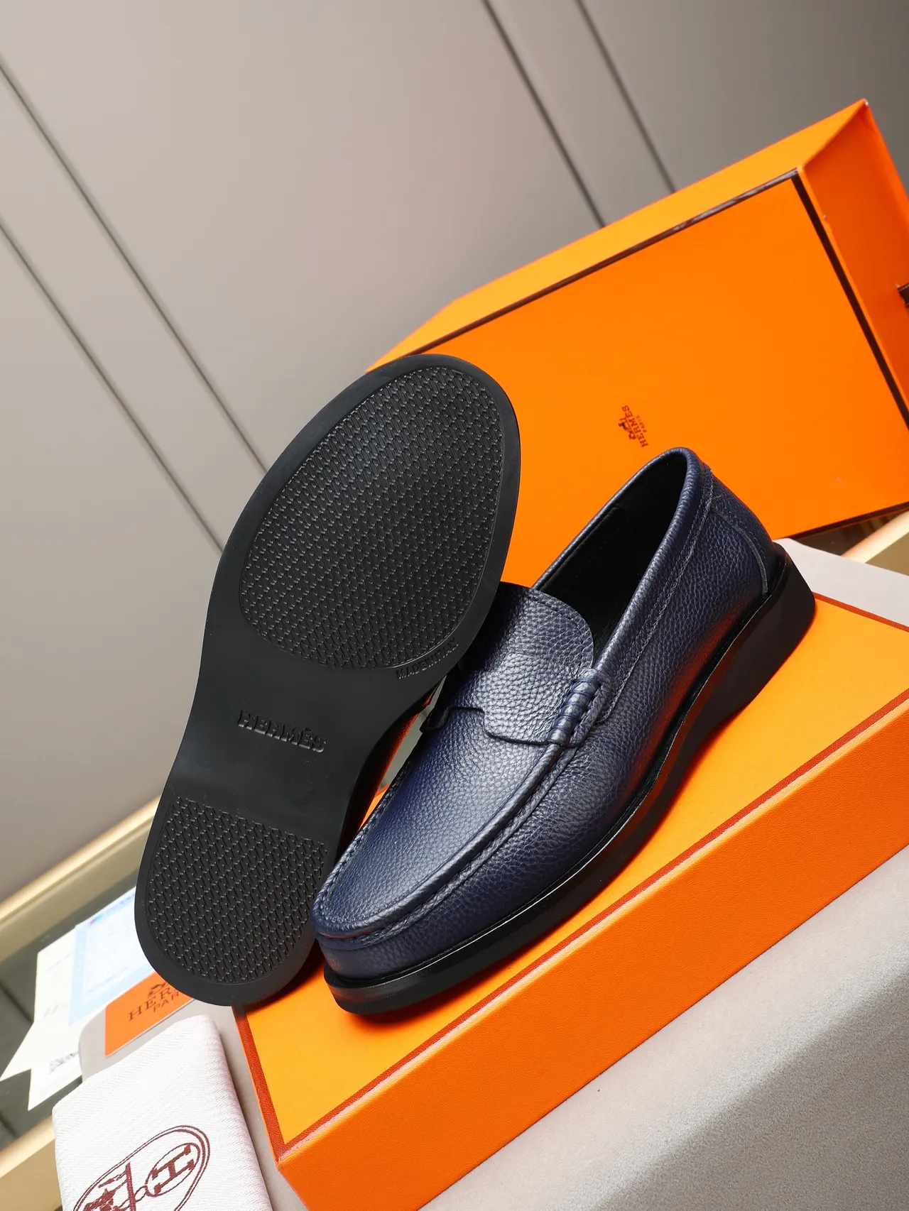 Hermès Navy Black Pebbled Leather Penny Loafer 4