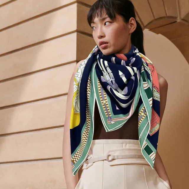Hermès Navy Multicolor Equestrian-Print Bordered Silk Scarf 1
