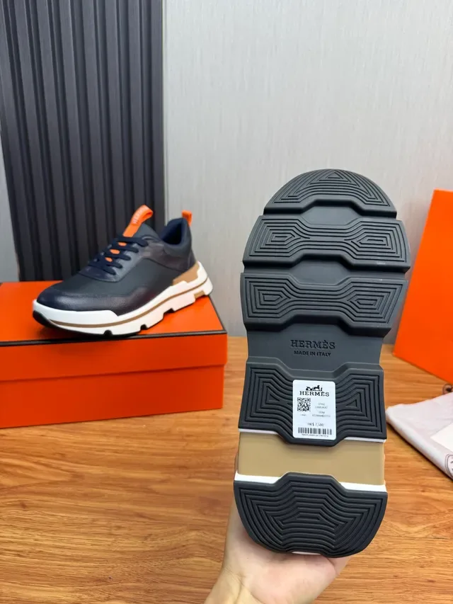 Hermès Navy Orange Chunky Sole Mesh And Pebbled Leather Upper Sneakers 2