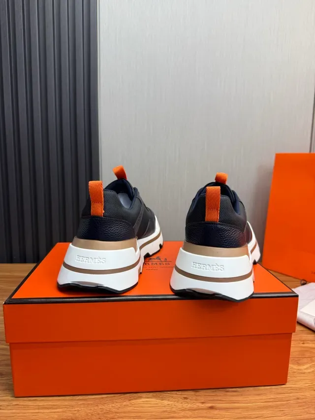 Hermès Navy Orange Chunky Sole Mesh And Pebbled Leather Upper Sneakers 3