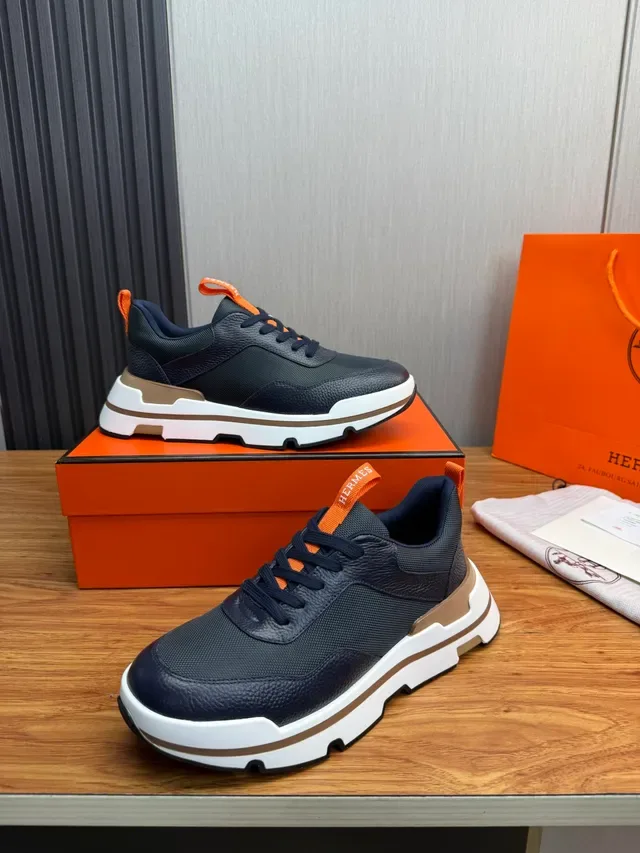 Hermès Navy Orange Chunky Sole Mesh And Pebbled Leather Upper Sneakers 4