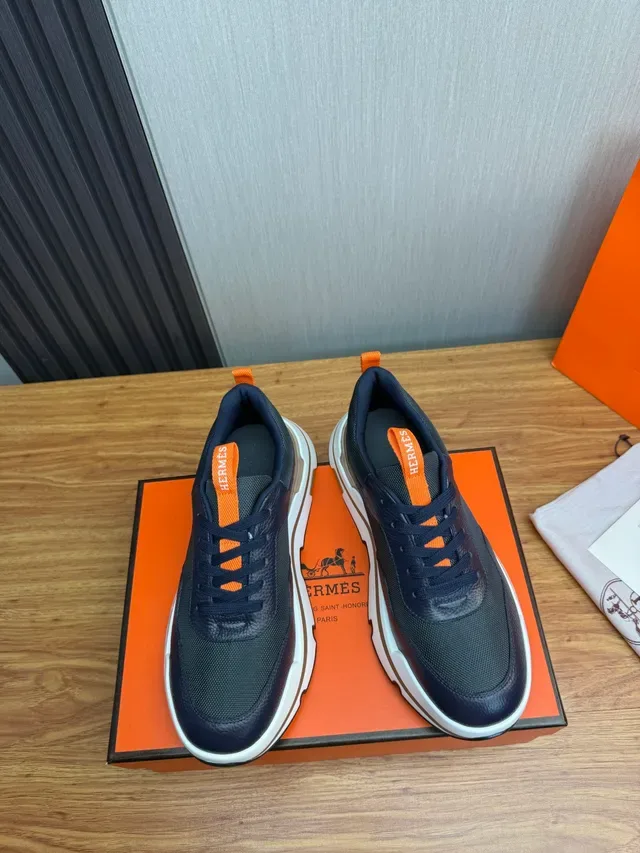 Hermès Navy Orange Chunky Sole Mesh And Pebbled Leather Upper Sneakers 5