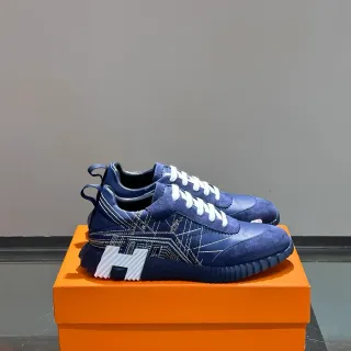 Hermès Navy White Ribbed Sole Geometric Stitching Lifestyle Sneakers