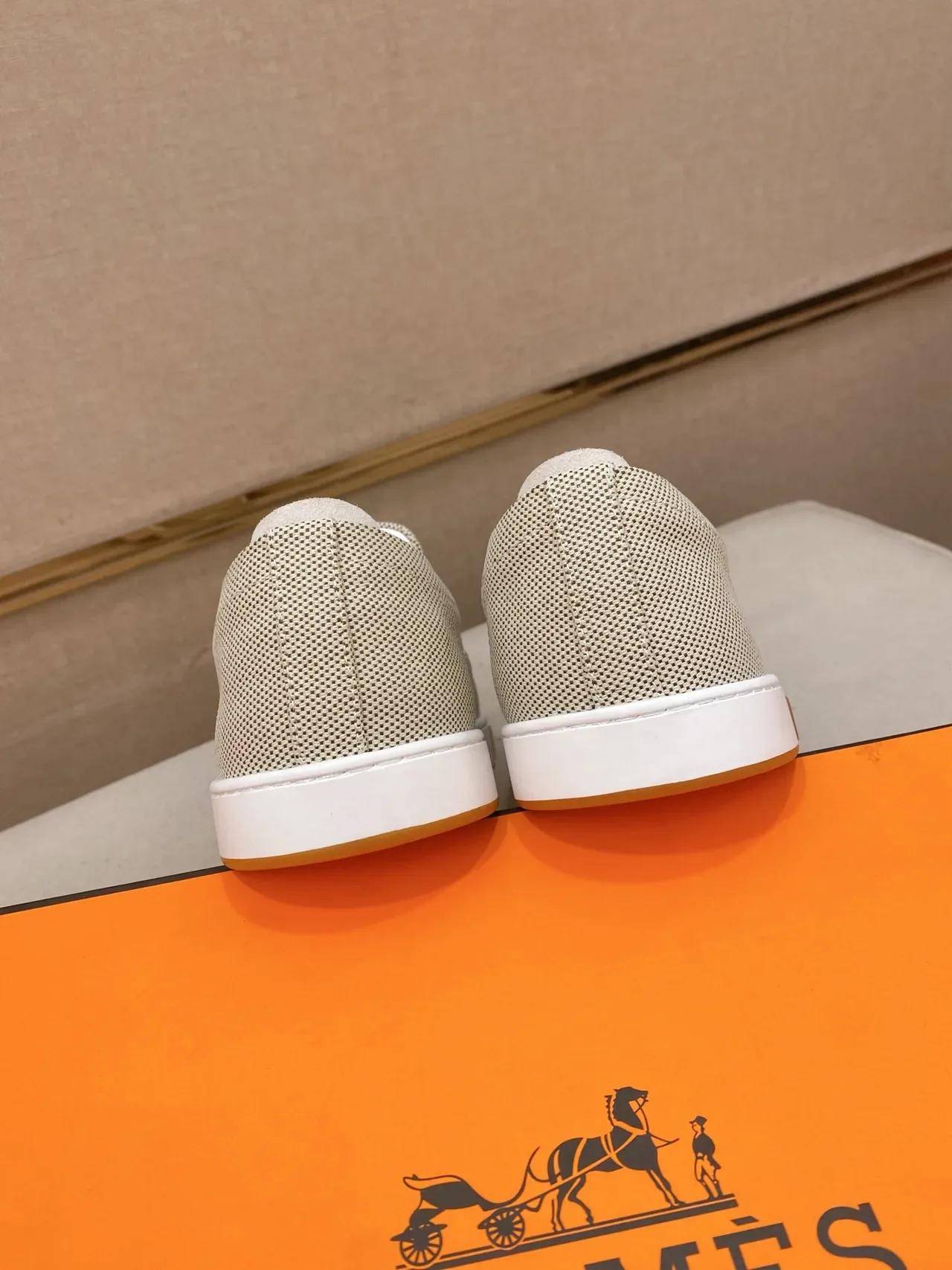 Hermès Oran Beige White Woven Textile Upper Slip-On Construction Lifestyle Sneakers 3