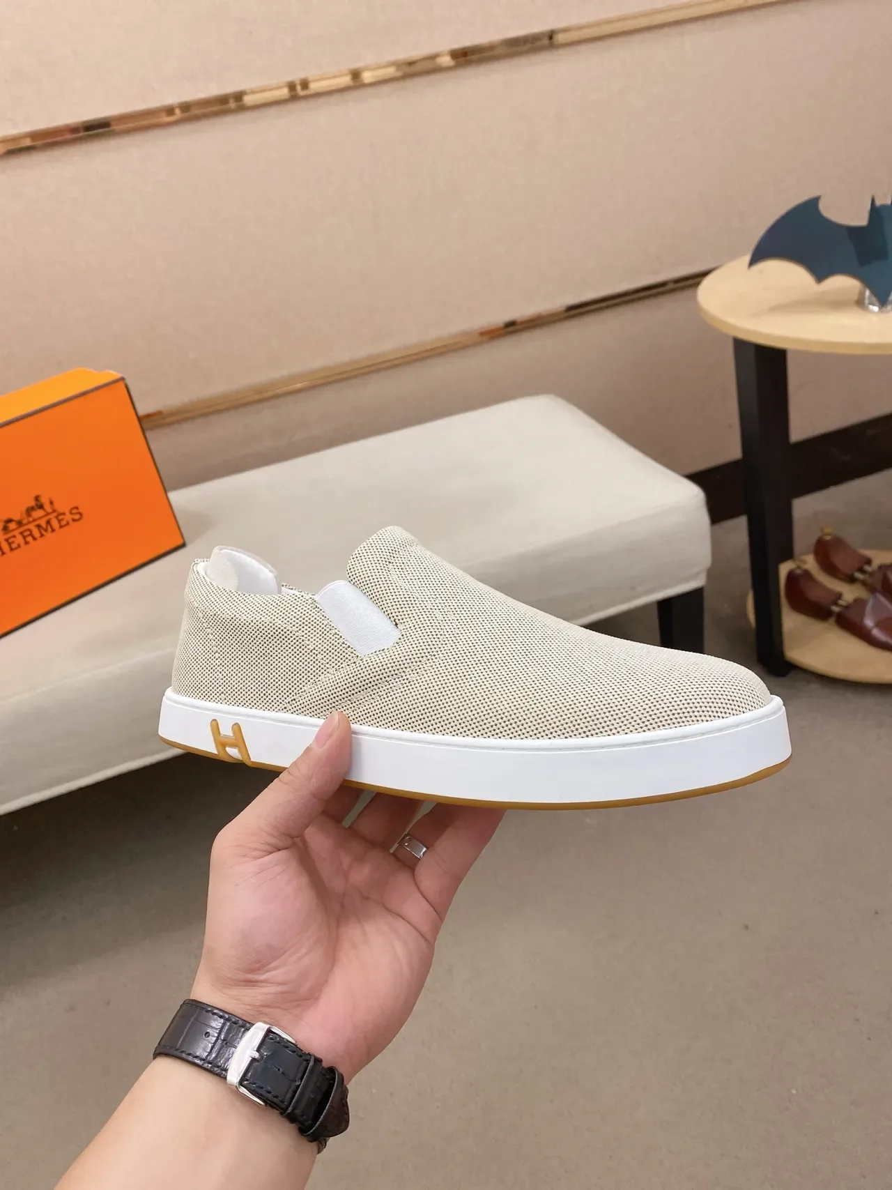 Hermès Oran Beige White Woven Textile Upper Slip-On Construction Lifestyle Sneakers 4