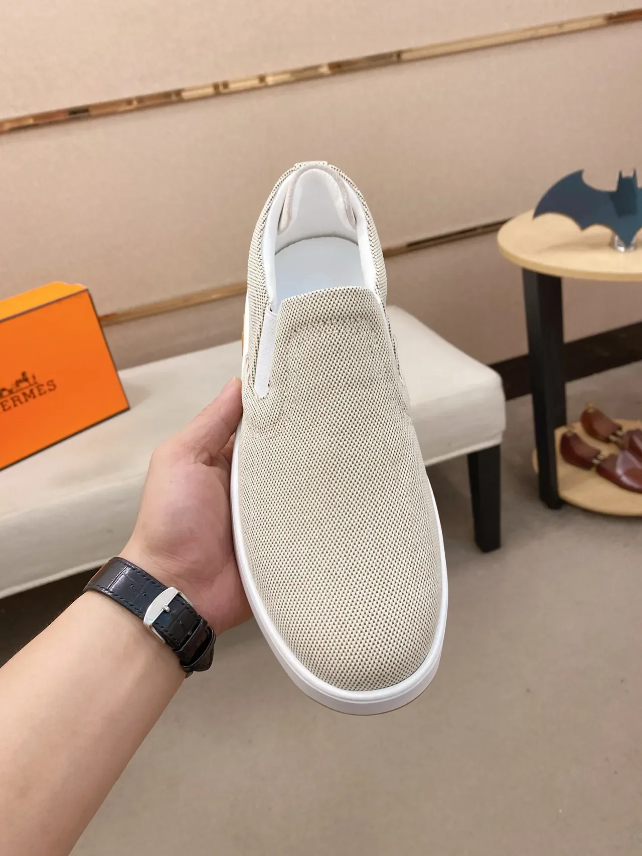 Hermès Oran Beige White Woven Textile Upper Slip-On Construction Lifestyle Sneakers 5