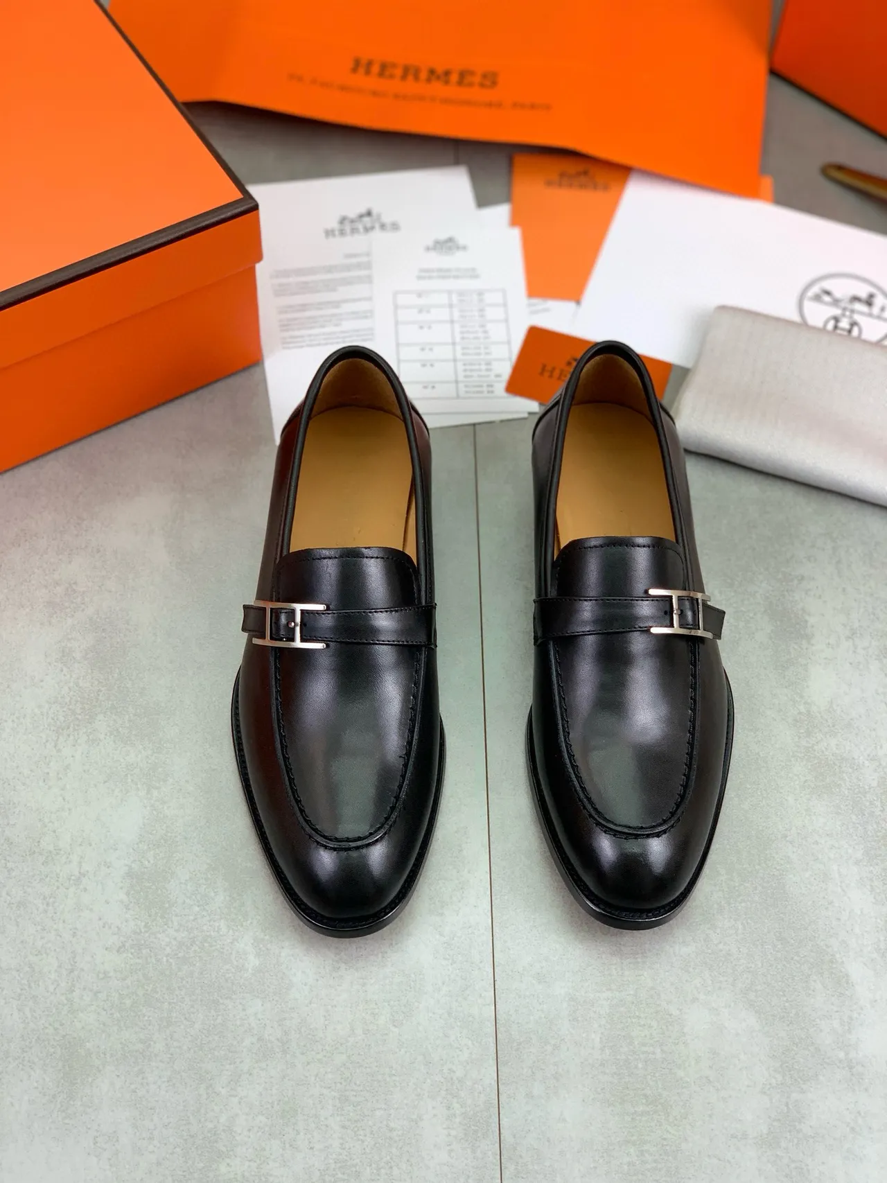 Hermès Oran Black Leather H-Buckle Loafers 5