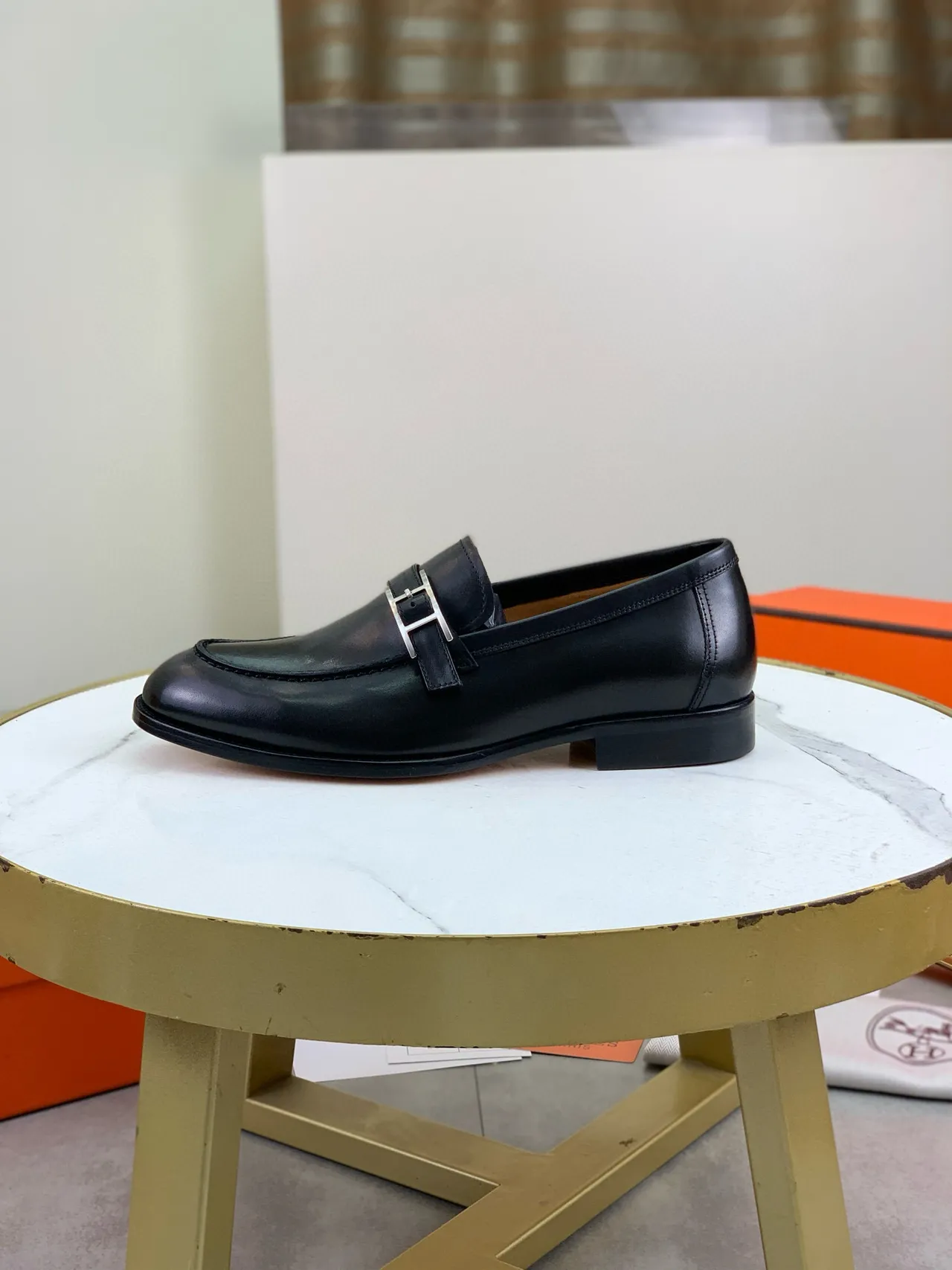 Hermès Oran Black Leather H-Buckle Loafers 6