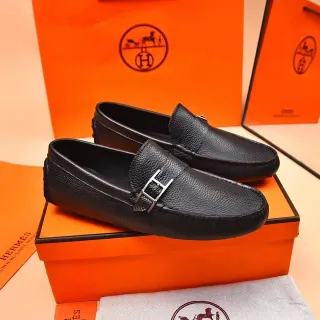 Hermès Oran Black Pebbled Leather H-Buckle Loafers