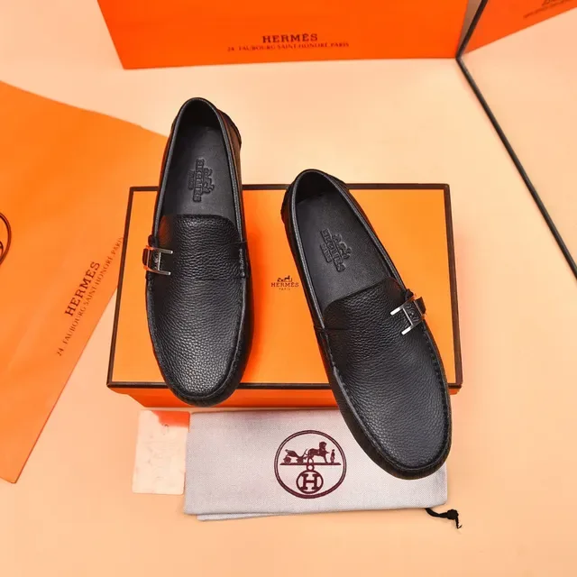 Hermès Oran Black Pebbled Leather H-Buckle Loafers 2