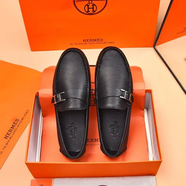 Hermès Oran Black Pebbled Leather H-Buckle Loafers 3