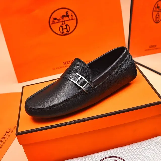 Hermès Oran Black Pebbled Leather H-Buckle Loafers 6