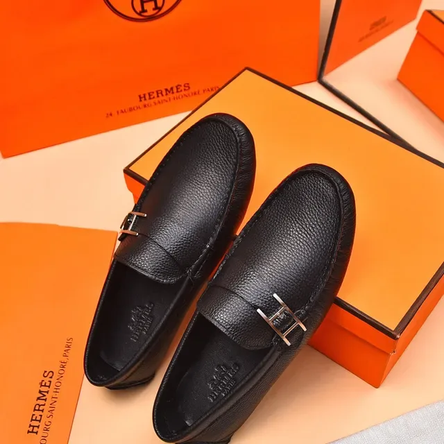 Hermès Oran Black Pebbled Leather H-Buckle Loafers 8