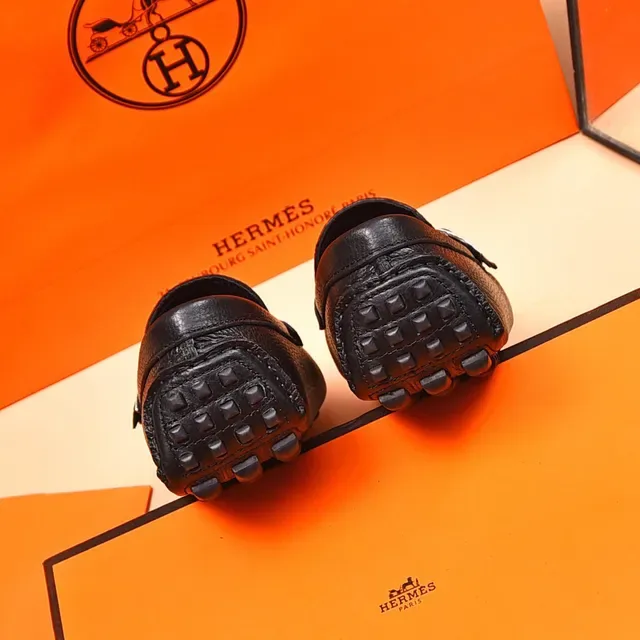 Hermès Oran Black Pebbled Leather H-Buckle Loafers 9