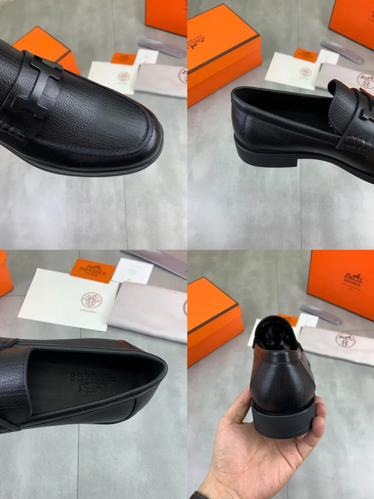 Hermès Oran Black Pebbled Leather H-Buckle Loafers 2