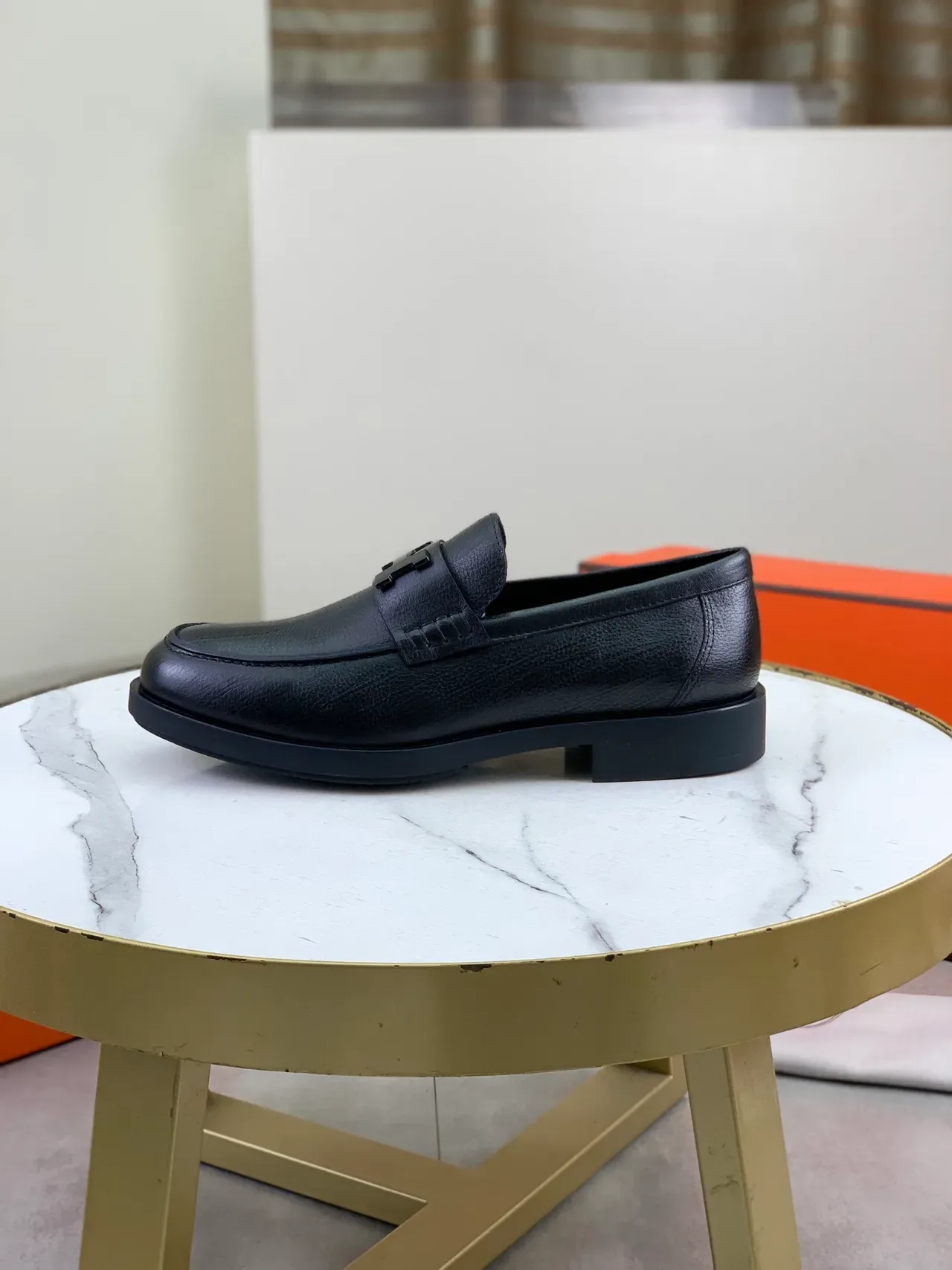 Hermès Oran Black Pebbled Leather H-Buckle Loafers 6