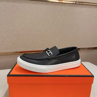 Hermès Oran Black White Leather Rubber Sole Loafer