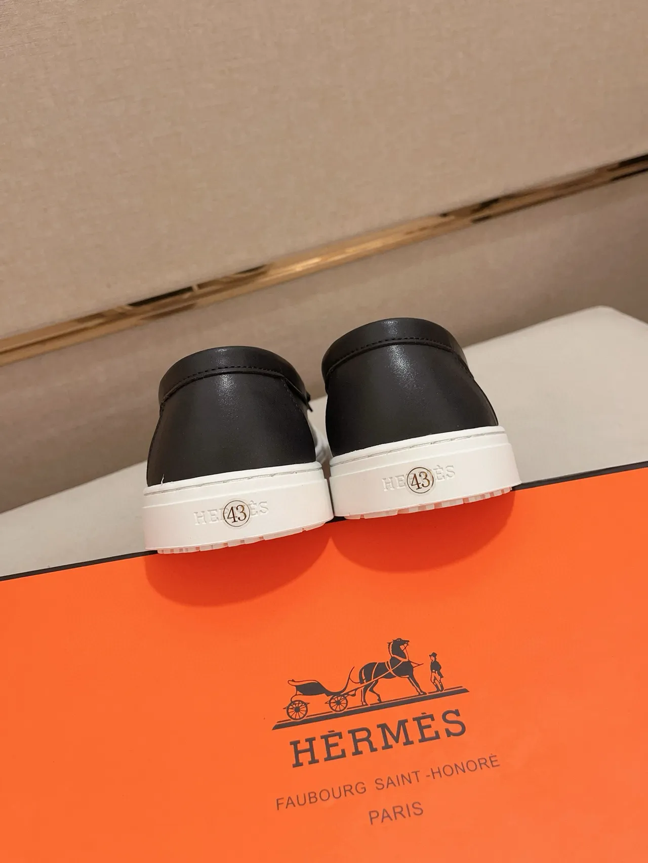 Hermès Oran Black White Leather Rubber Sole Loafer 3